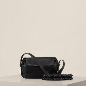 Allsaints Maya crossbody purse, black calfskin w/suede panel, magnetic closure